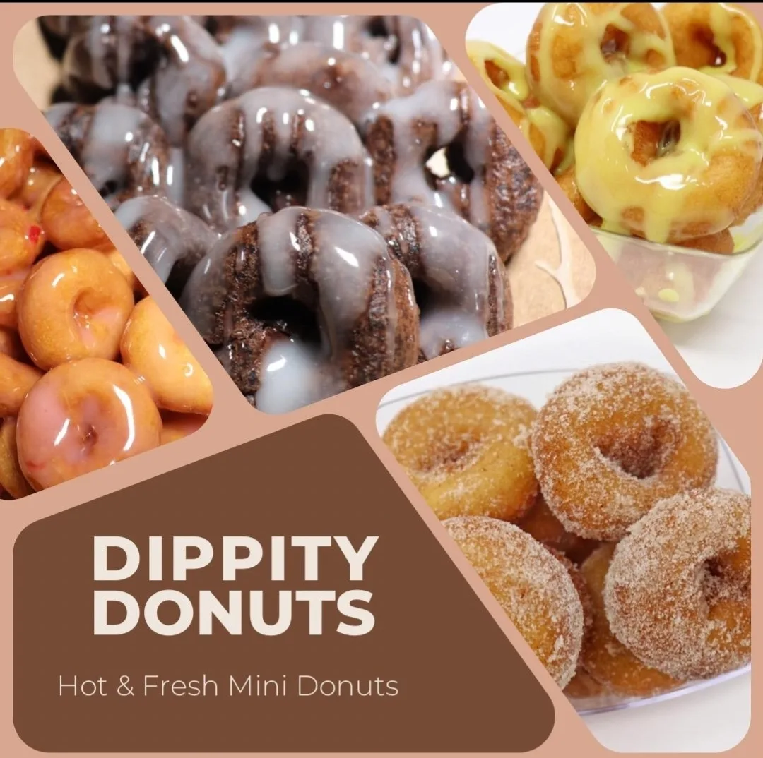 Dippidy Donuts product collage of mini donuts and toppings