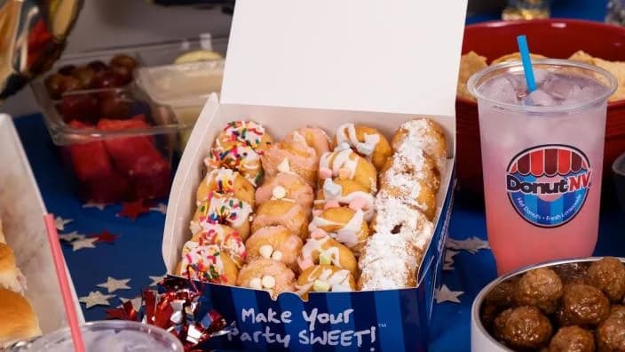 DonutNV party box of mini donuts with lemonade
